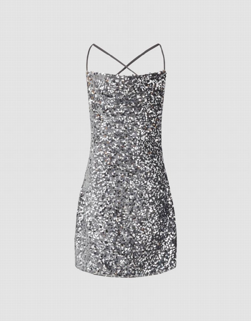 Urban Revivo Sleeveless Cowl Neck Skinny Sequins Women's Dress Grey | WJD9713GP