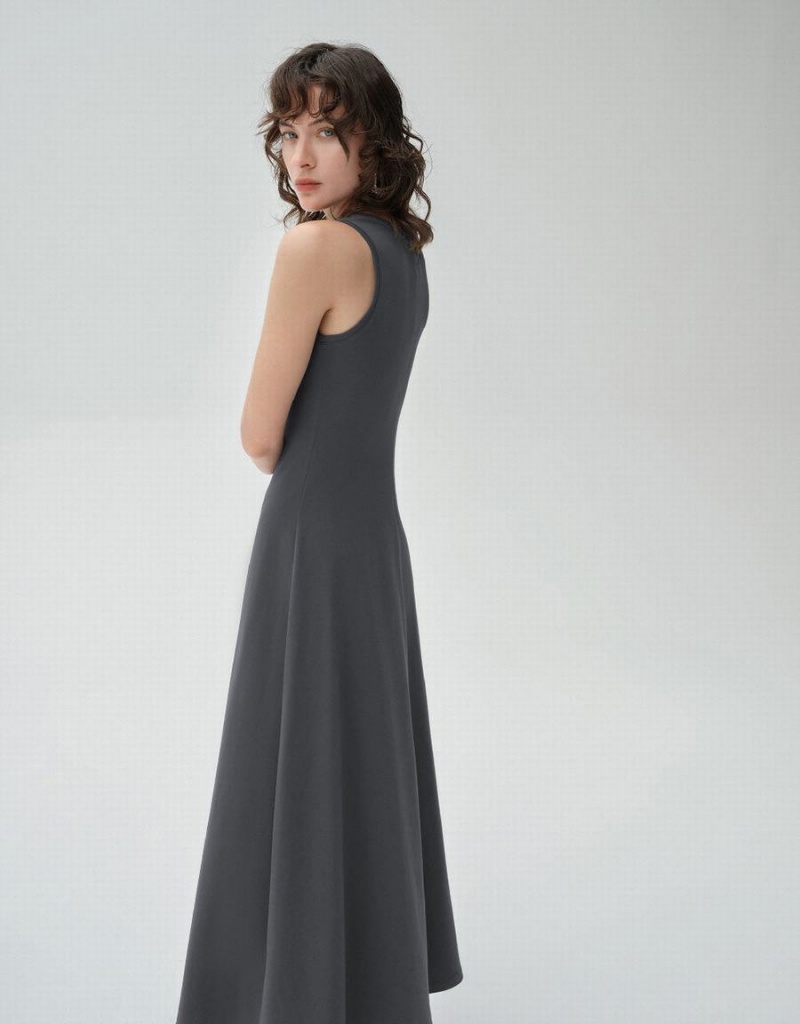 Urban Revivo Sleeveless Crew Neck A-Line Women's Dress Dark Grey | HHH5951PX