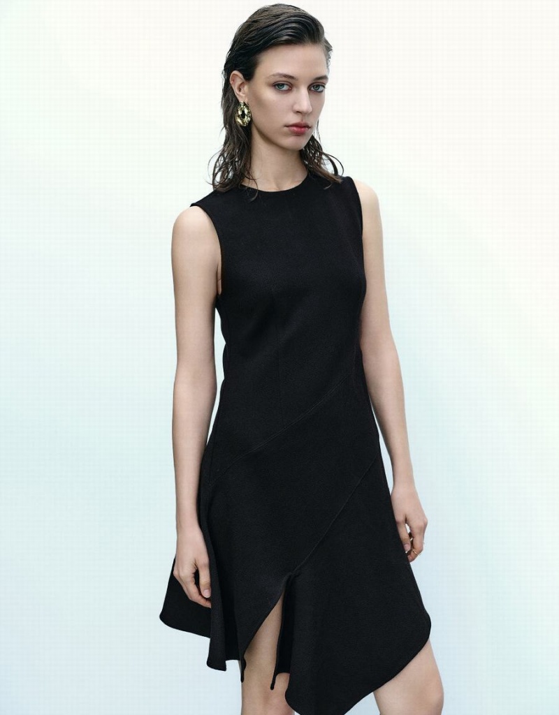 Urban Revivo Sleeveless Crew Neck Mini A-Line Women's Dress Black | DTH8298DW