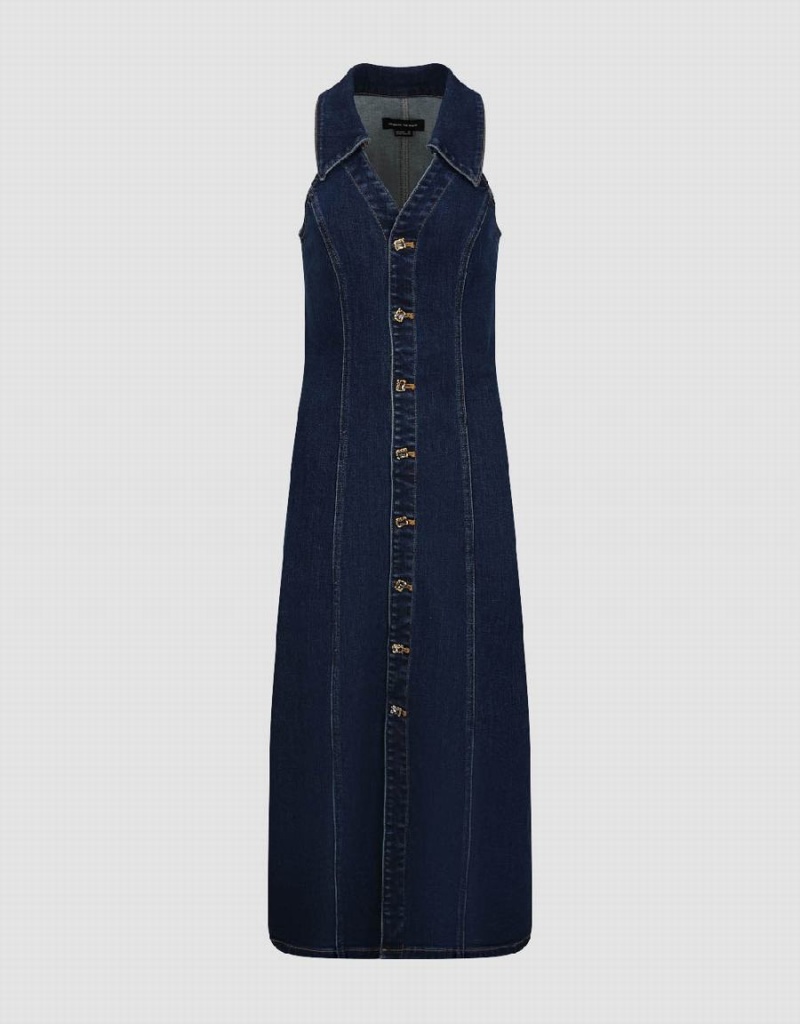 Urban Revivo Sleeveless Lapel Denim Women's Dress Blue | LGQ787FI