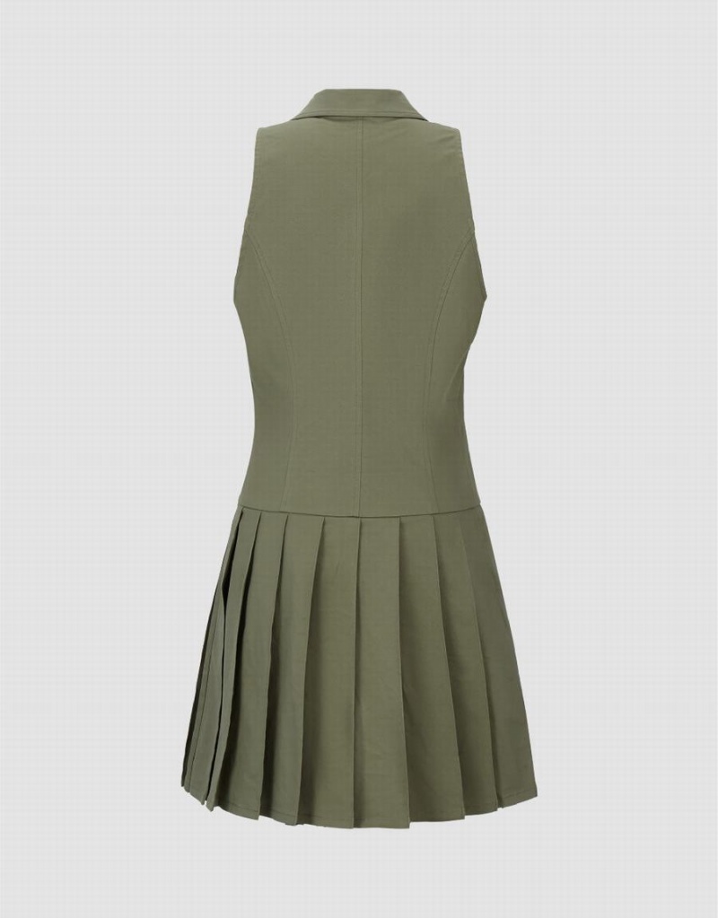 Urban Revivo Sleeveless Lapel Skater Women's Dress Khaki | PMW1323MJ