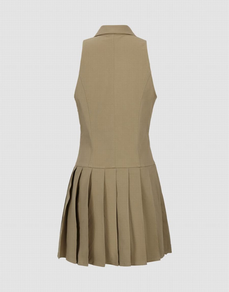 Urban Revivo Sleeveless Lapel Skater Women's Dress Khaki | PMW1323MJ