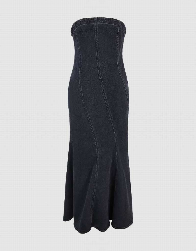 Urban Revivo Sleeveless Off-Shoulder Denim Women's Dress Black | VRY7087LJ