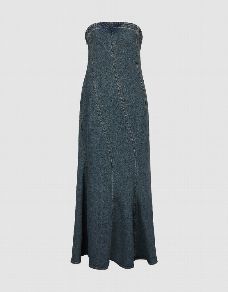 Urban Revivo Sleeveless Off-Shoulder Denim Women's Dress Blue | XFW3551IW