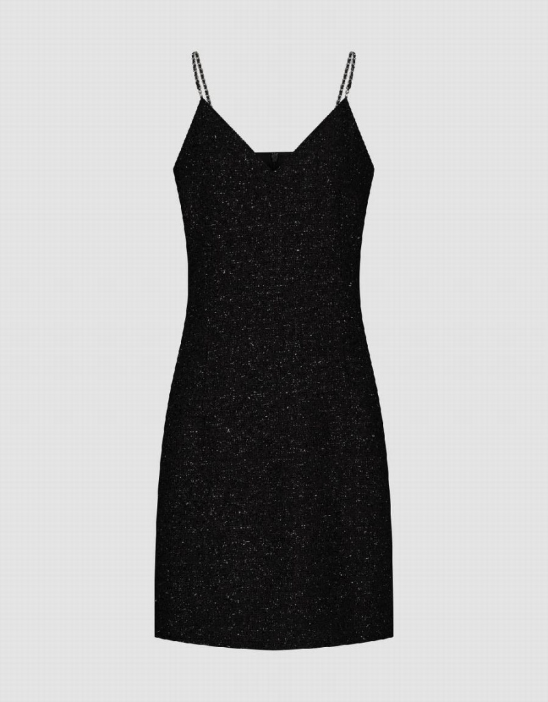 Urban Revivo Sleeveless Tweed V-Neck Straight Women's Dress Black | NME9661GK