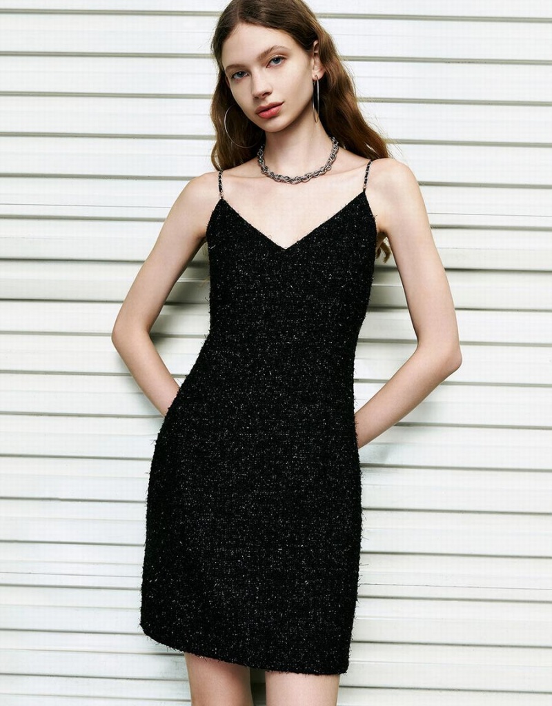 Urban Revivo Sleeveless Tweed V-Neck Straight Women's Dress Black | NME9661GK