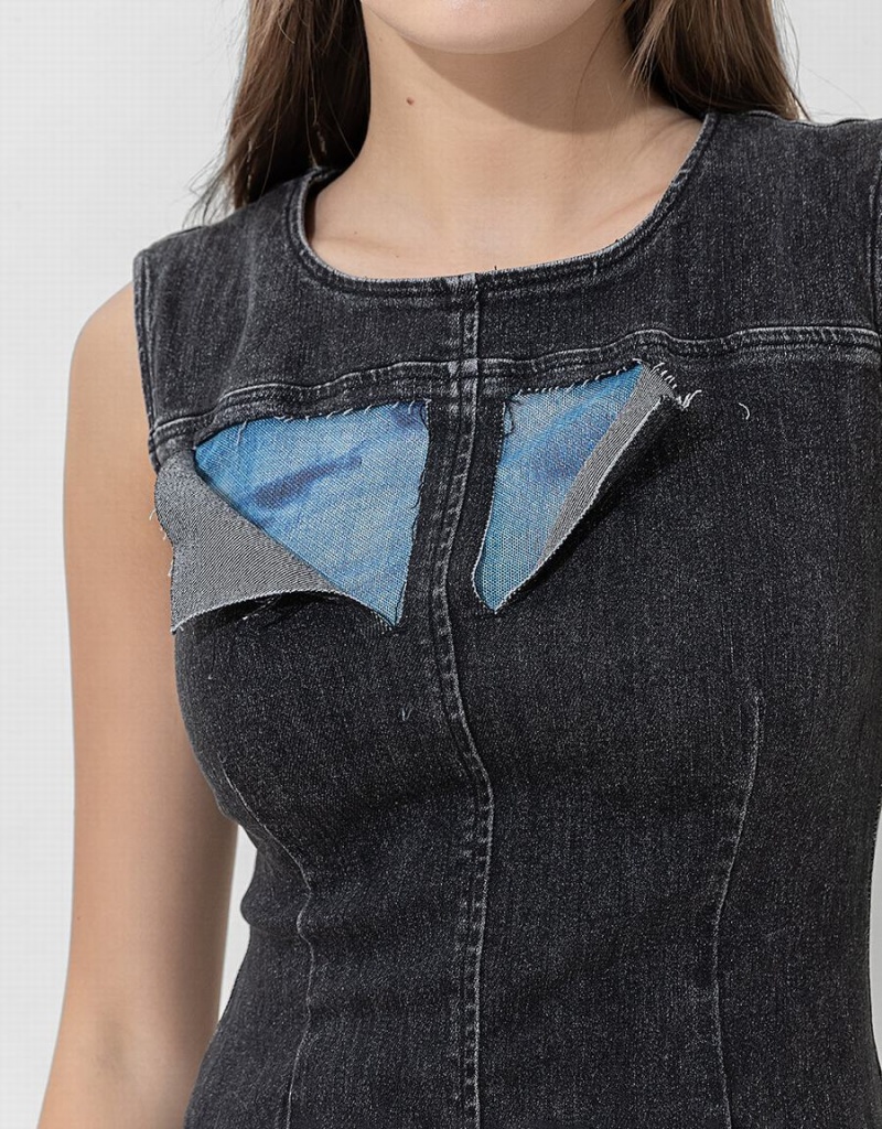 Urban Revivo Sleeveless U Neck Denim A-Line Women's Dress Dark Grey | RRI2662YK