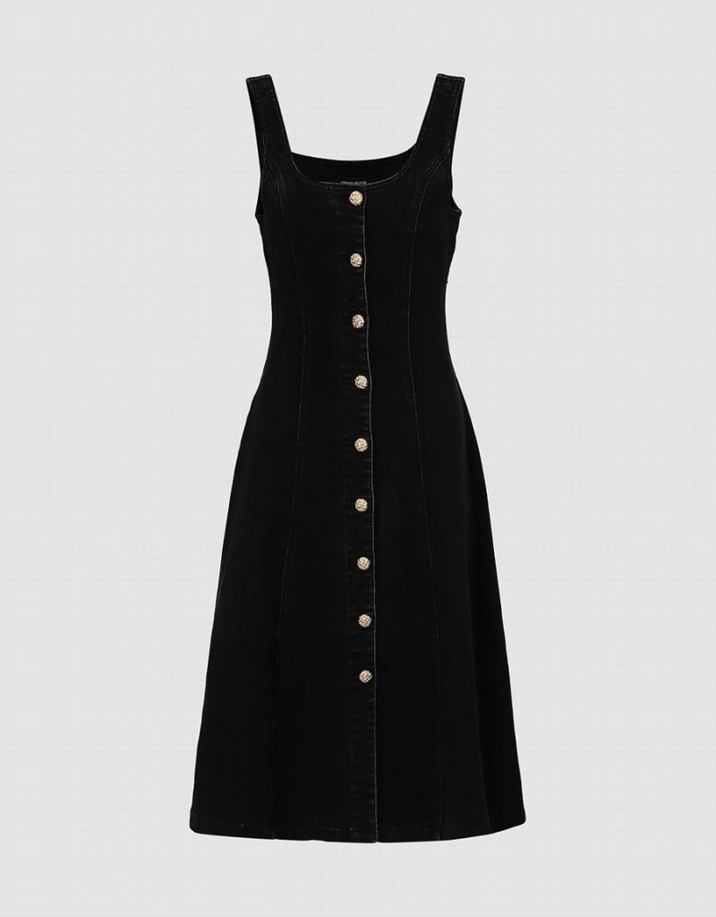 Urban Revivo Sleeveless U Neck Denim Women's Dress Black | DVV33AT