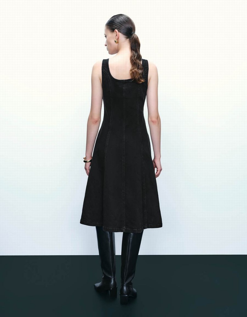 Urban Revivo Sleeveless U Neck Denim Women's Dress Black | DVV33AT