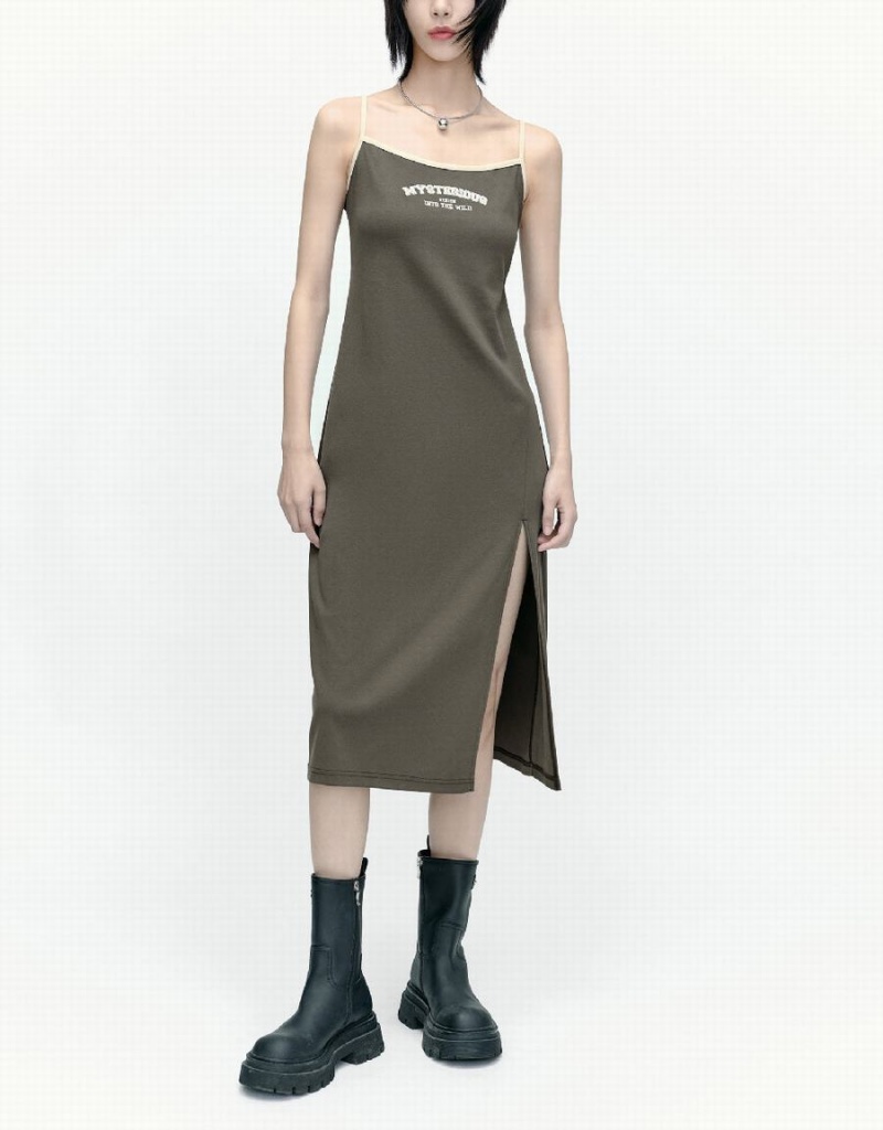 Urban Revivo Sleeveless U Neck Skinny Women's Dress Khaki Brown | PYH6589CU