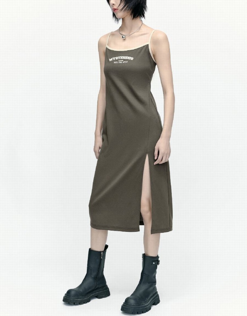 Urban Revivo Sleeveless U Neck Skinny Women's Dress Khaki Brown | PYH6589CU