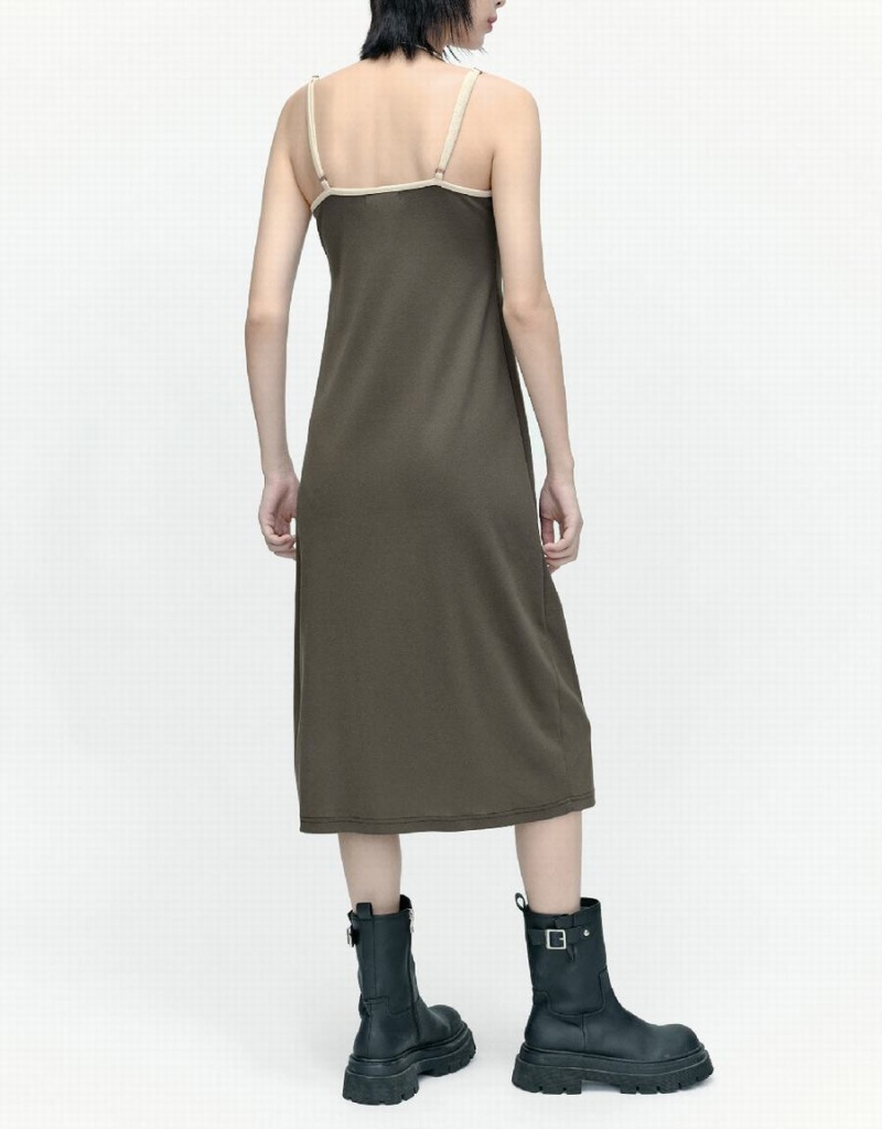 Urban Revivo Sleeveless U Neck Skinny Women's Dress Khaki Brown | PYH6589CU