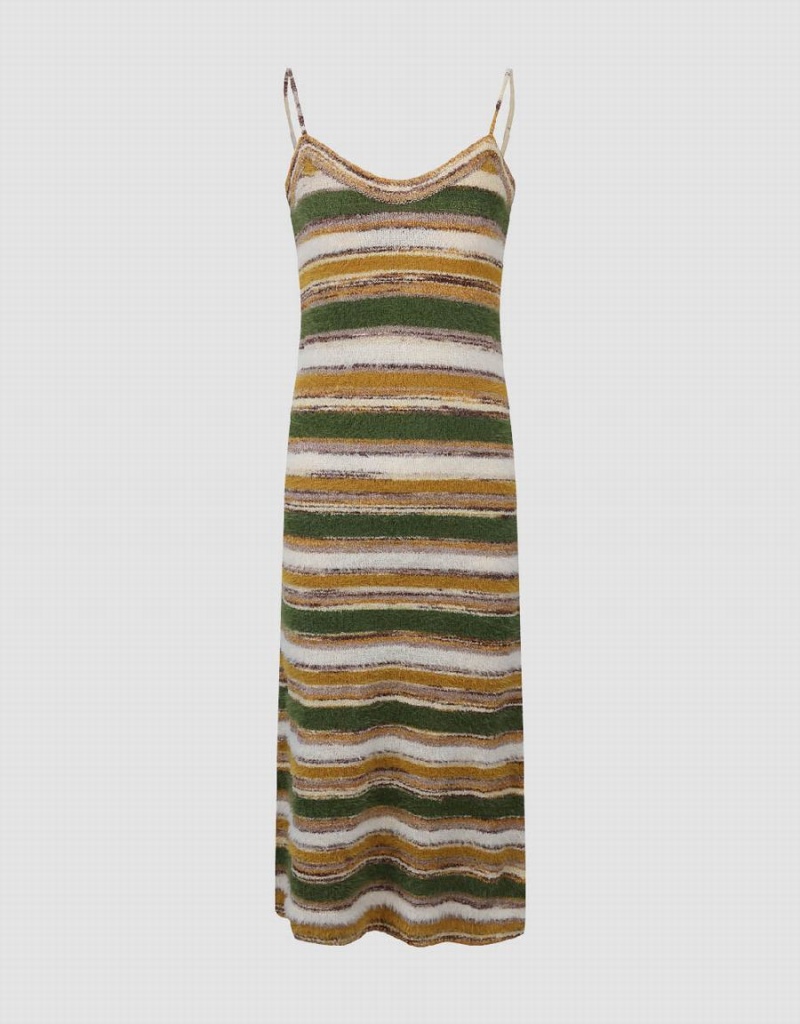 Urban Revivo Sleeveless V-Neck Knitted Women's Dress Green Multicolor | NZY5532XP