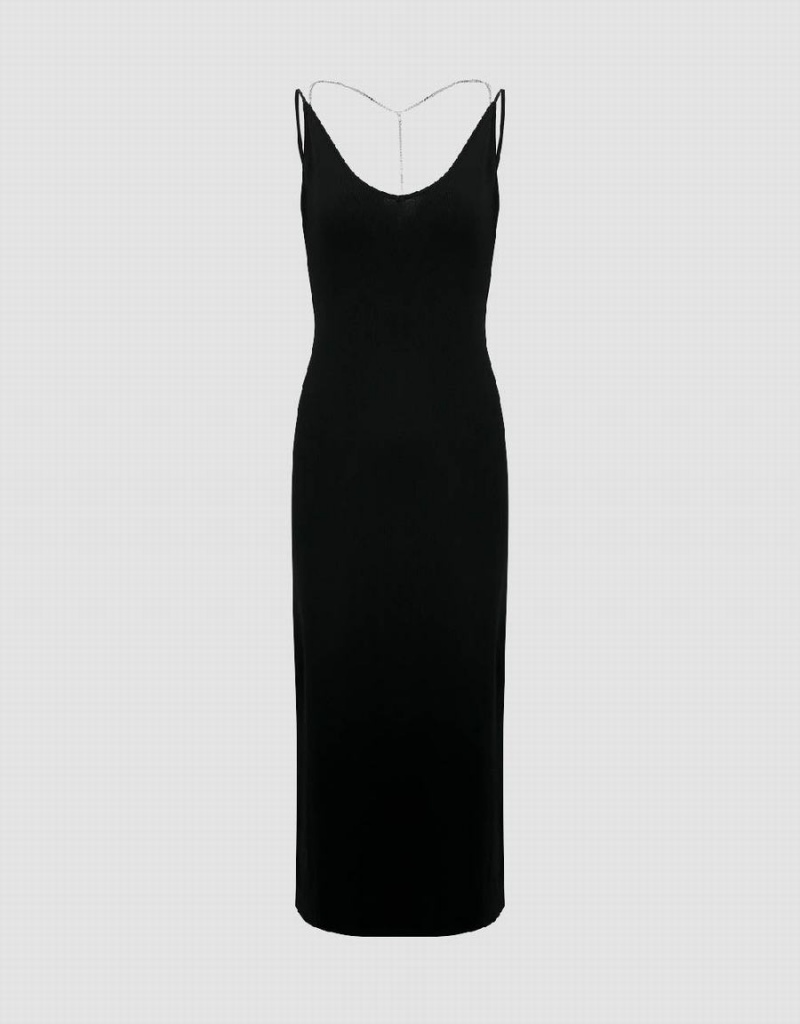 Urban Revivo Sleeveless V-Neck Knitted Women's Dress Black | PUT227IW