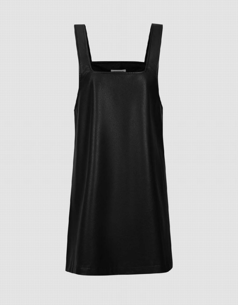 Urban Revivo Sleeveless Vegan Leather A-Line Women's Dress Black | FMZ4075YD