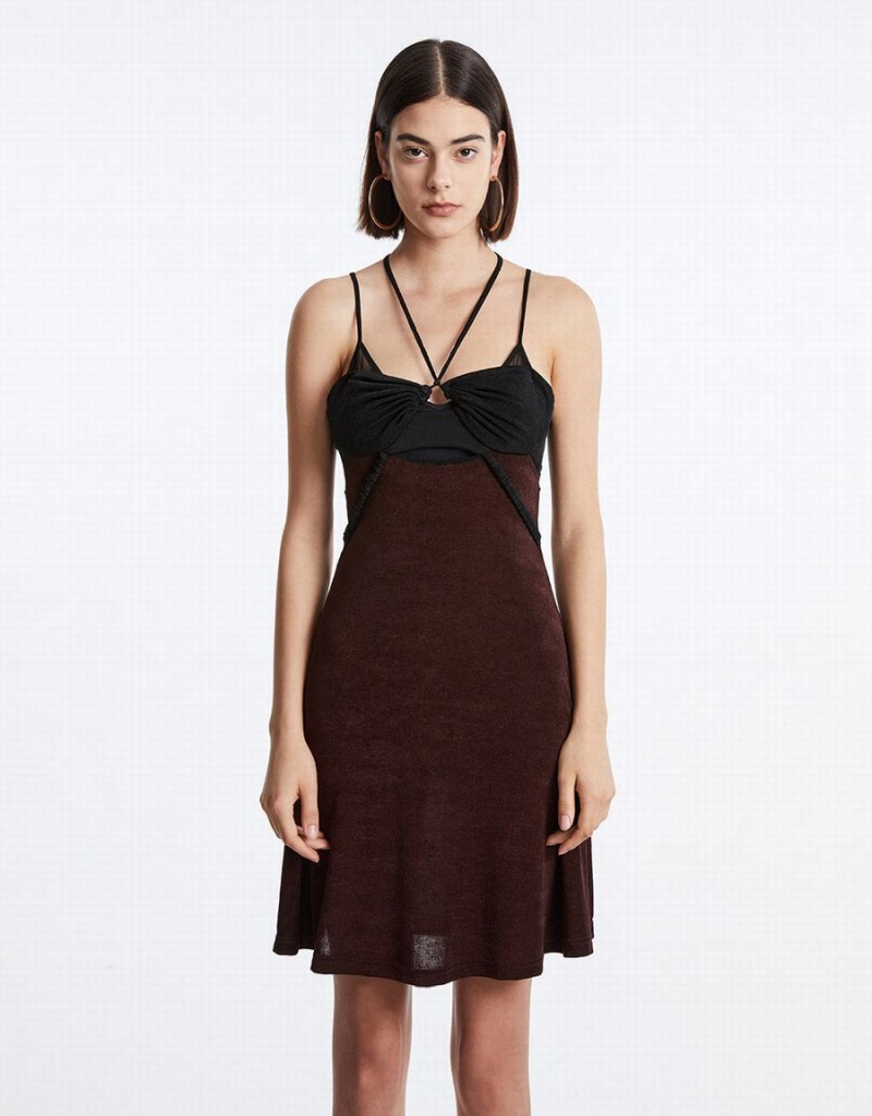 Urban Revivo Spliced Sheer Mesh Cami Women's Dress Brown | JNY1762QG