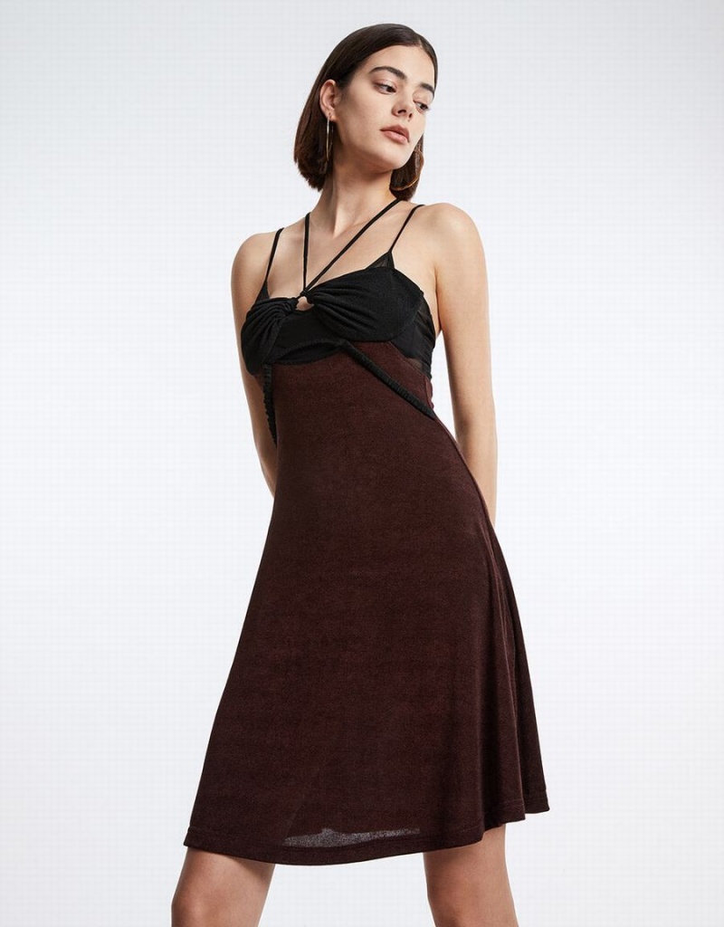 Urban Revivo Spliced Sheer Mesh Cami Women\'s Dress Brown | JNY1762QG