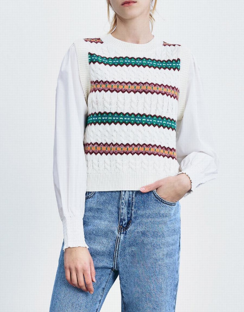 Urban Revivo Spliced Striped Knitted Top Women's Cardigan White | HBZ4657BV