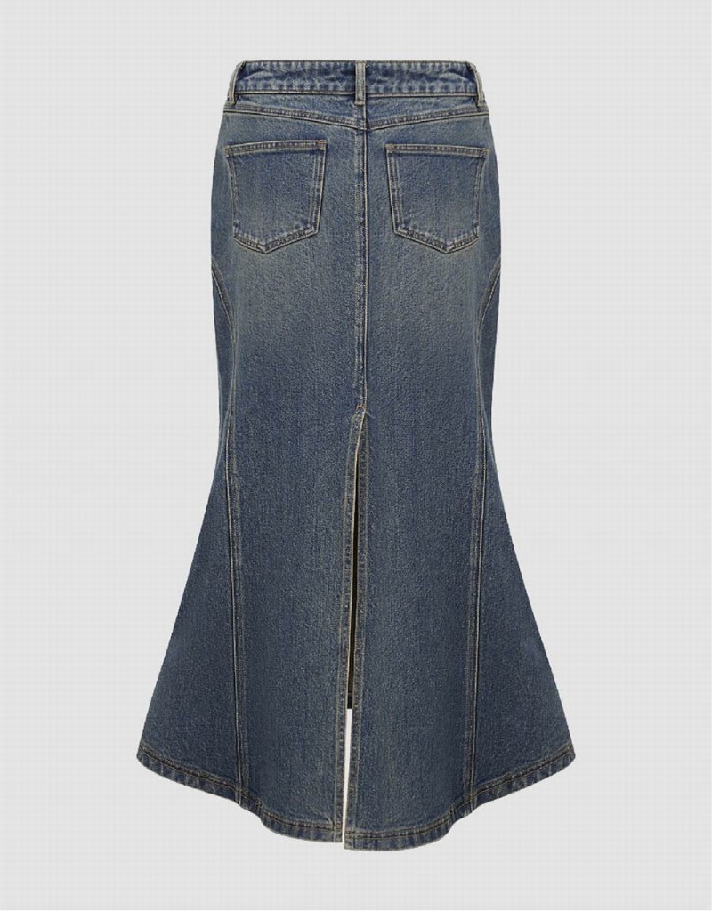 Urban Revivo Split Hem Midi Fishtail Denim Women's Skirts Blue | XNI586QN