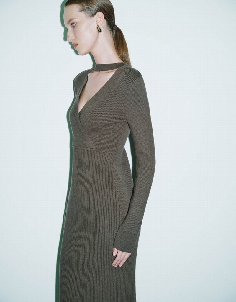 Urban Revivo Split Hem Skinny Knitted Straight Women's Dress Green | FVB484OC