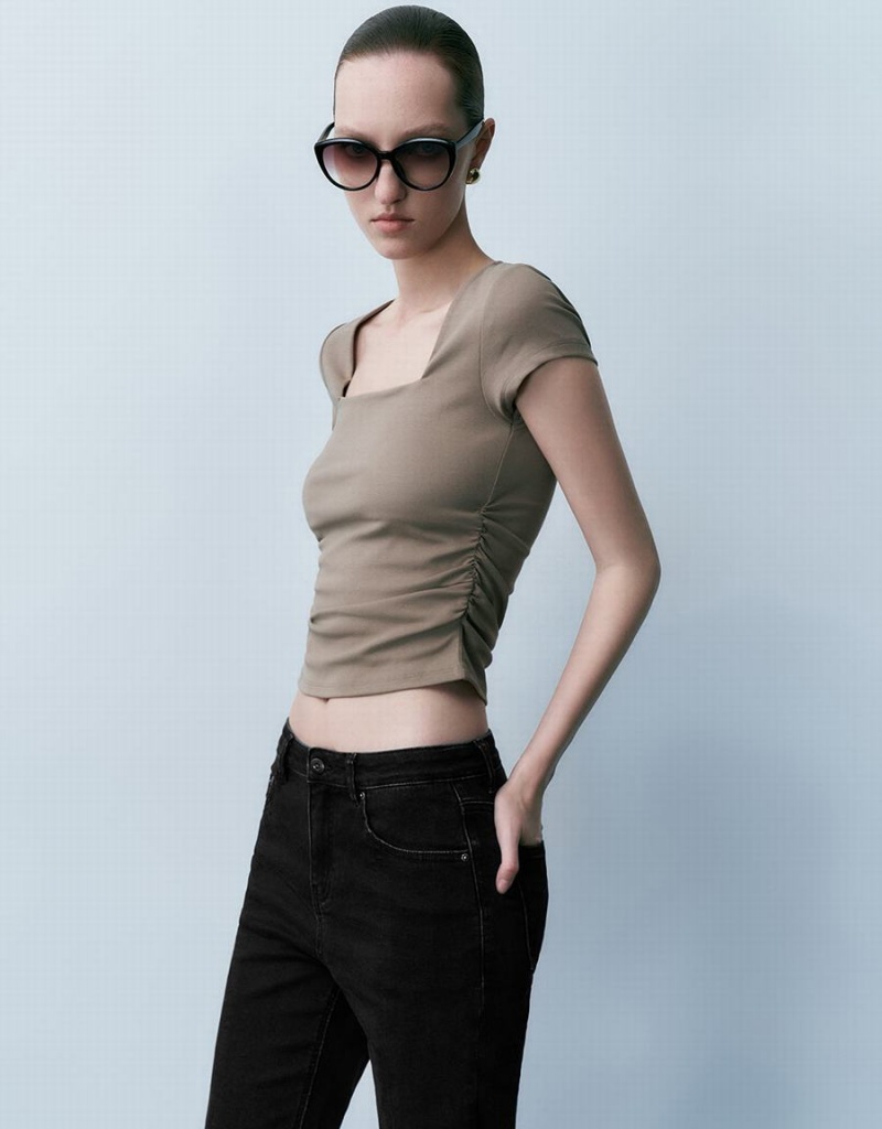 Urban Revivo Square-Cut Collar Skinny Knitted Women's T Shirts Khaki Brown | CDL3042MS