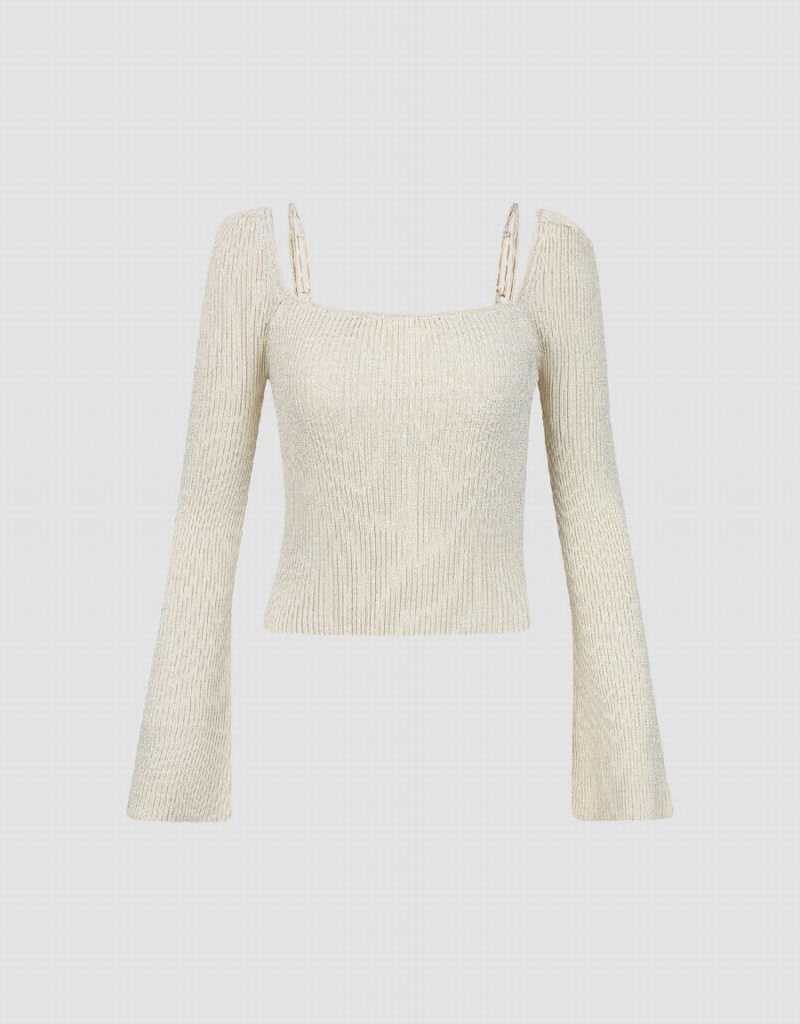 Urban Revivo Square-cut Collar Knitted Women's Cardigan White | WJS6141FD