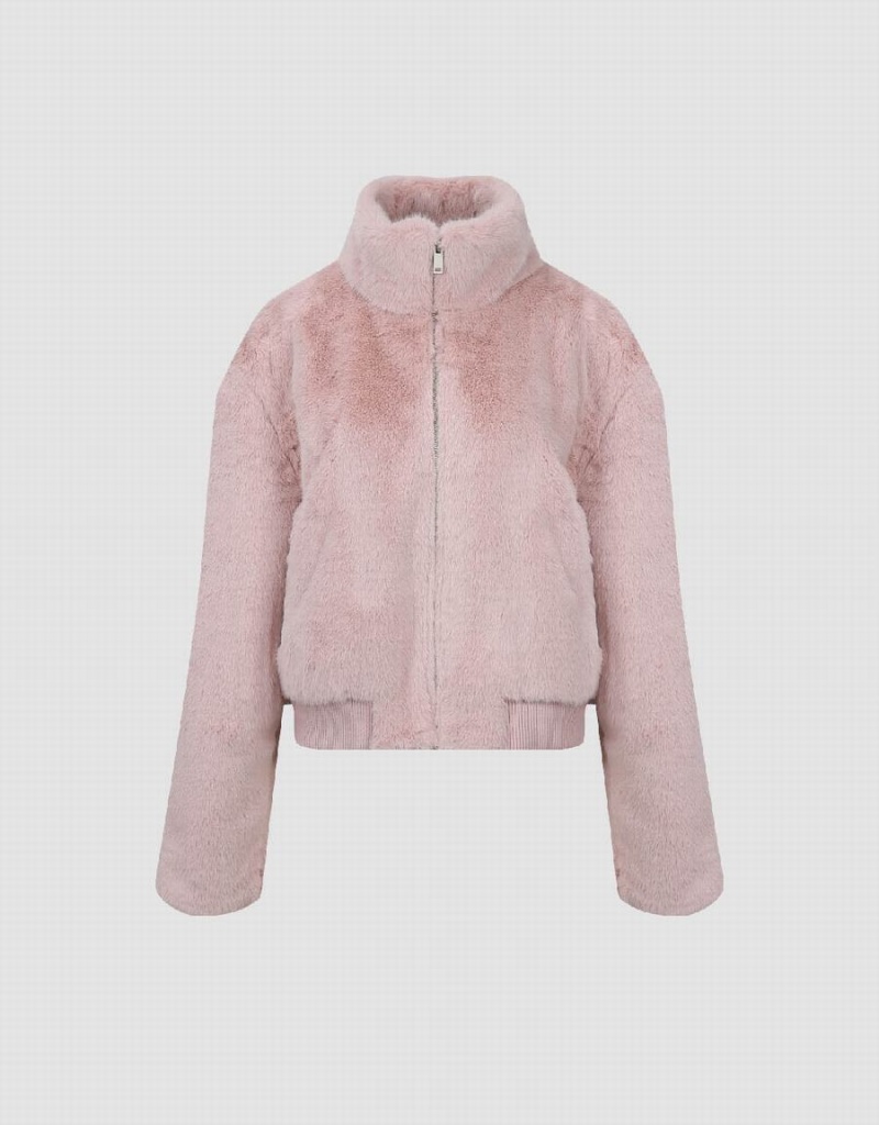 Urban Revivo Stand Collar Straight Furry Women's Coats Pink | RVJ6861AW