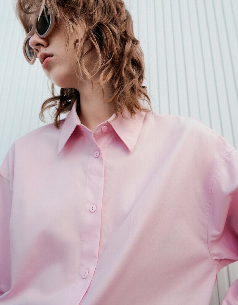 Urban Revivo Standard Sleeve Button Up Women's Shirts Pink | UTF6512TZ