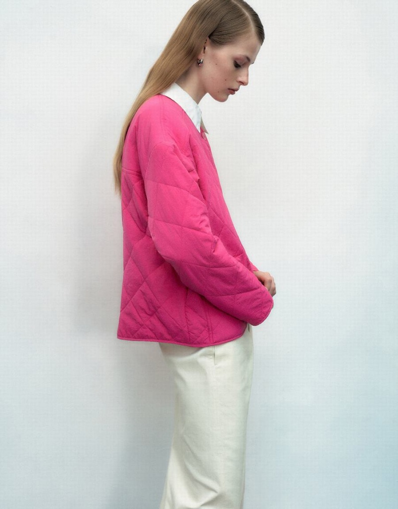 Urban Revivo Standard Sleeve Crew Neck Padded Women's Coats Pink | NCT2043KB