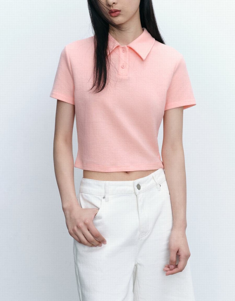 Urban Revivo Standard Sleeve Straight Women's Polo Shirts Pink | NRU476MP