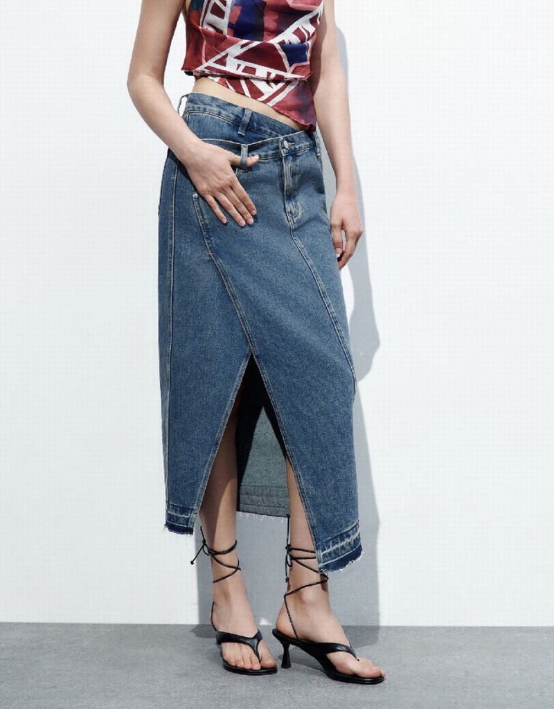 Urban Revivo Straight Denim Women's Skirts Blue | KOW8020TK