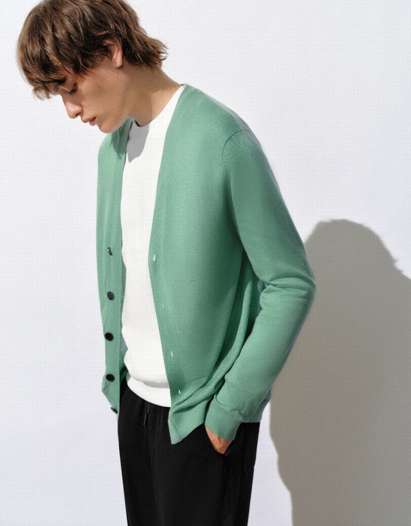 Urban Revivo Straight Knitted Men's Cardigan Green | UUL4825CF