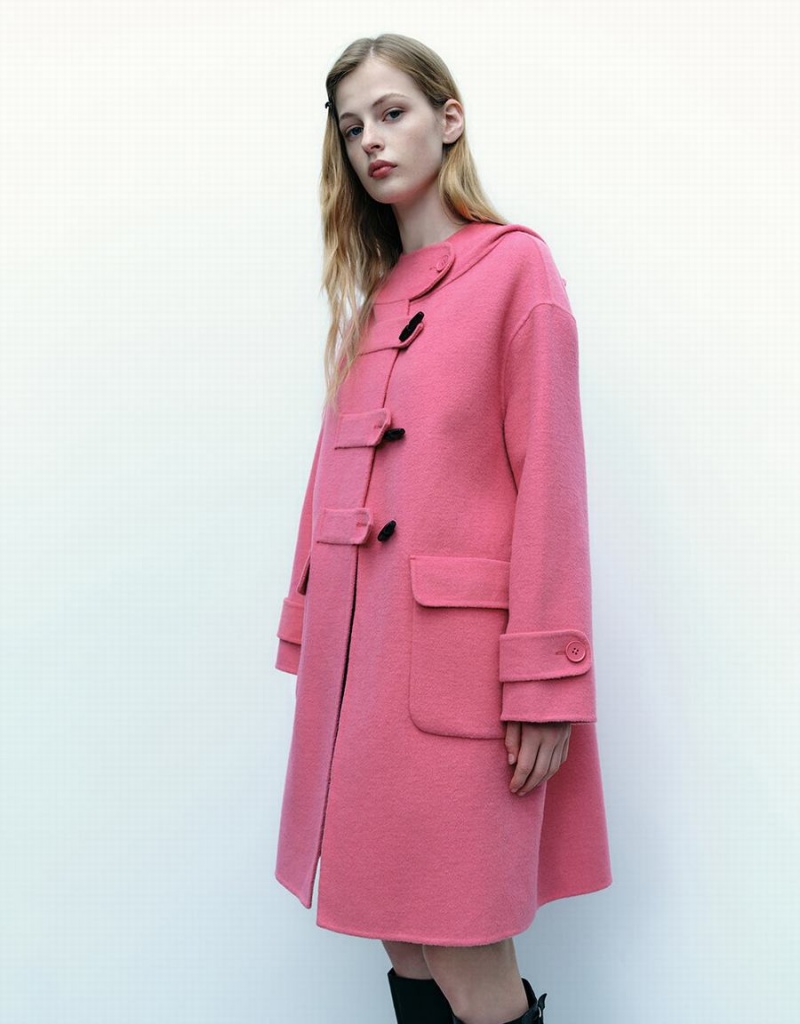 Urban Revivo Straight Longline Woolen Women's Coats Rose Red | UON804QB