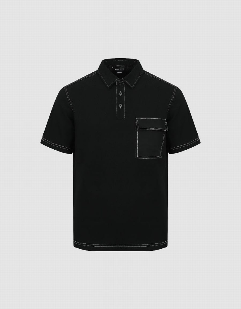 Urban Revivo Straight Men's Polo Shirts Black | ZWW5357QS