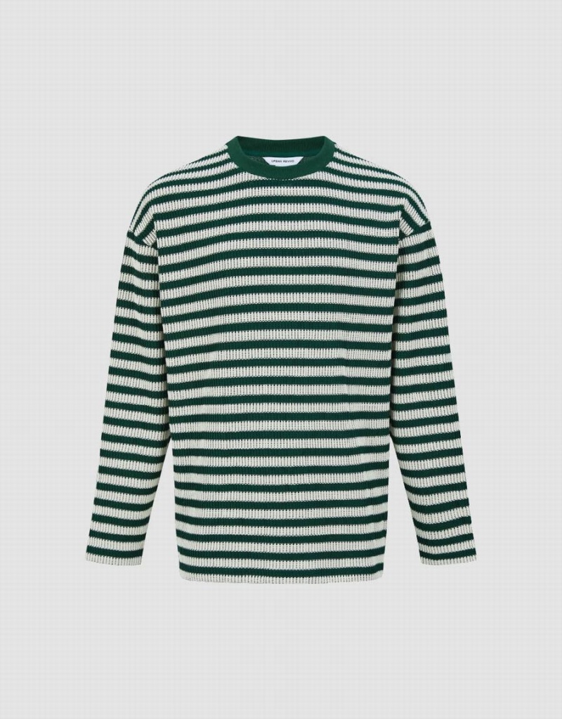 Urban Revivo Striped Sleeve Crew Neck Men's T Shirts Green | JFF5014NL