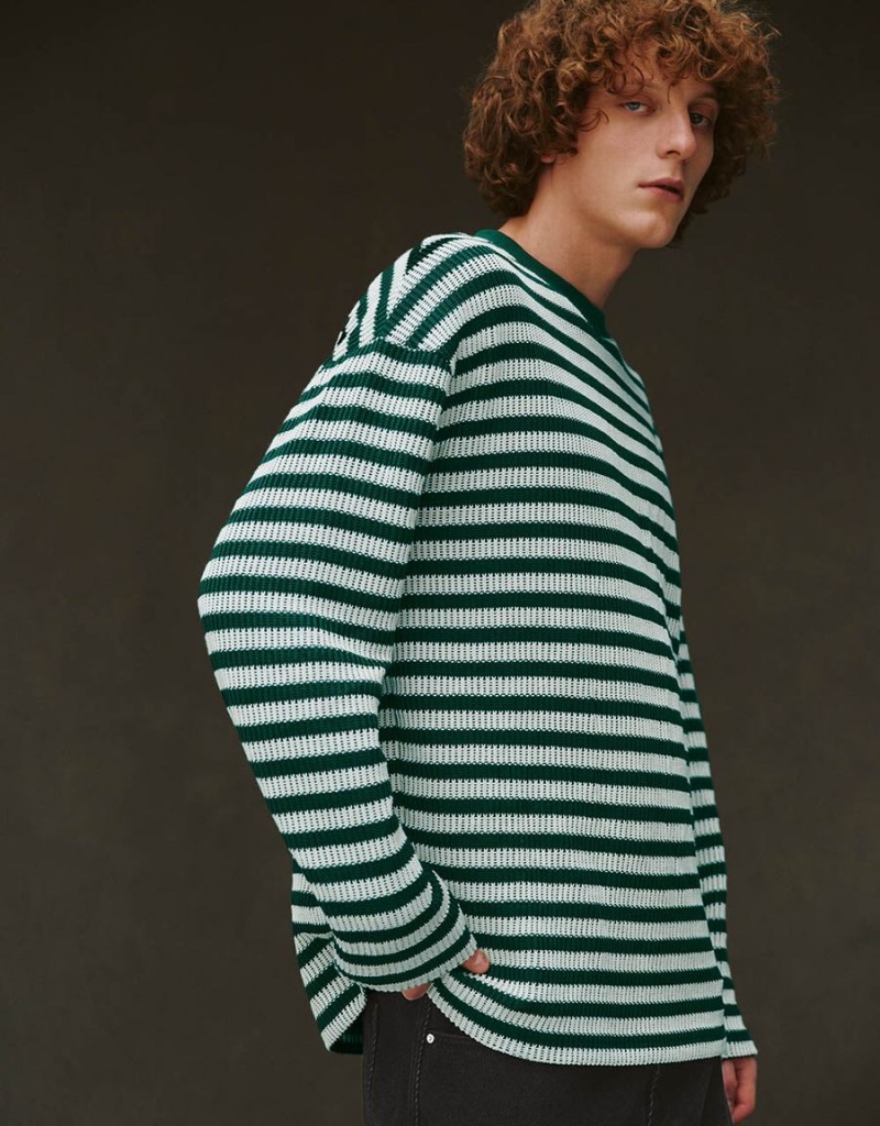 Urban Revivo Striped Sleeve Crew Neck Men's T Shirts Green | JFF5014NL