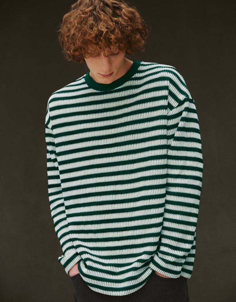 Urban Revivo Striped Sleeve Crew Neck Men\'s T Shirts Green | JFF5014NL