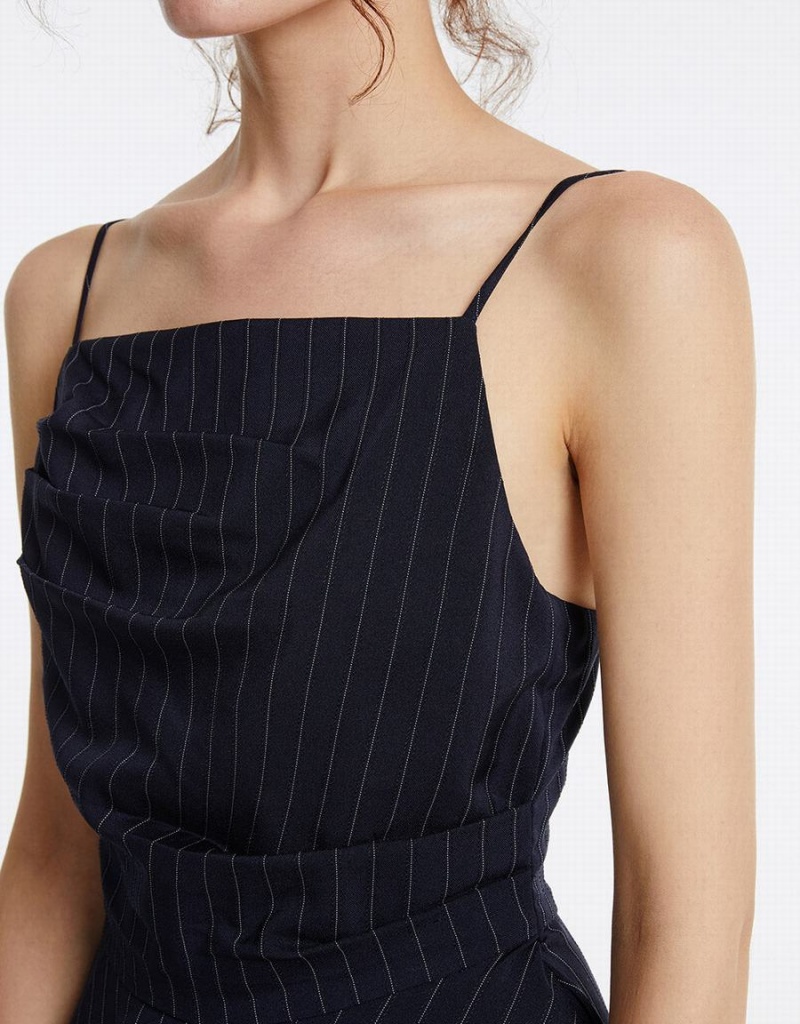 Urban Revivo Striped Asymmetrical Strappy Women's Dress Blue | ZBB9537NX