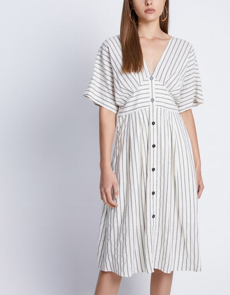 Urban Revivo Striped Button Front Midi Women's Dress Khaki | KCJ2060OH