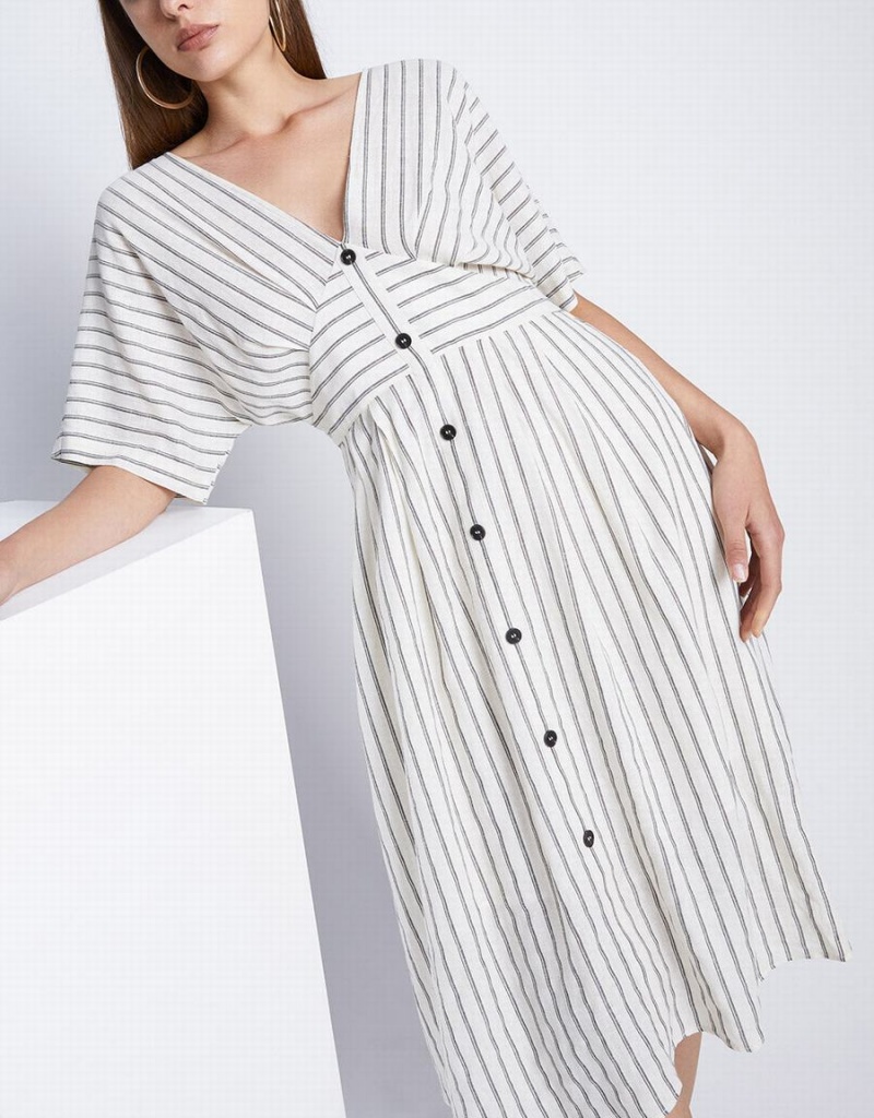 Urban Revivo Striped Button Front Midi Women's Dress Khaki | KCJ2060OH