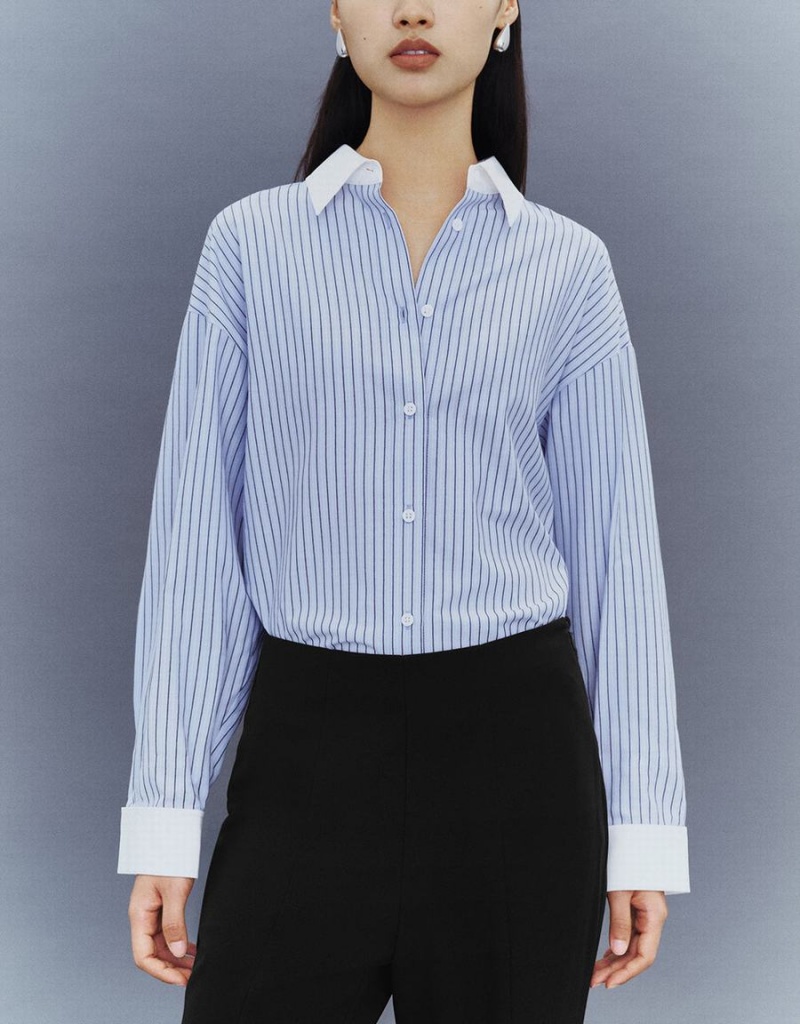 Urban Revivo Striped Button Up Lapel Women's Shirts Blue | JPA8956XJ