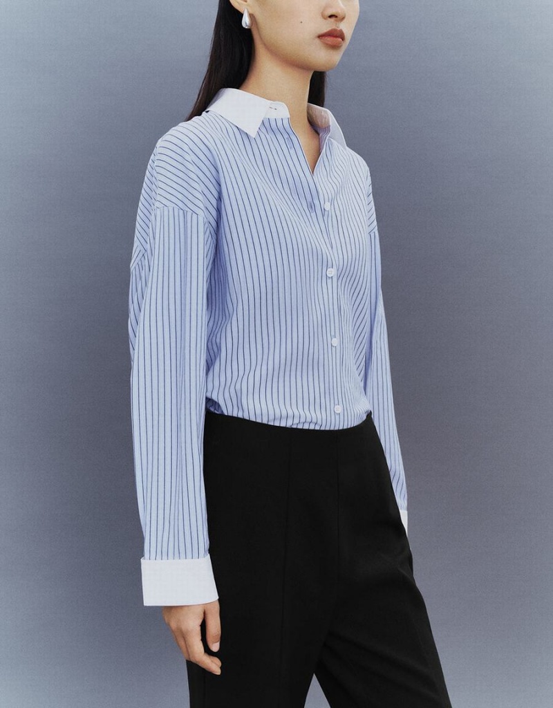 Urban Revivo Striped Button Up Lapel Women's Shirts Blue | JPA8956XJ