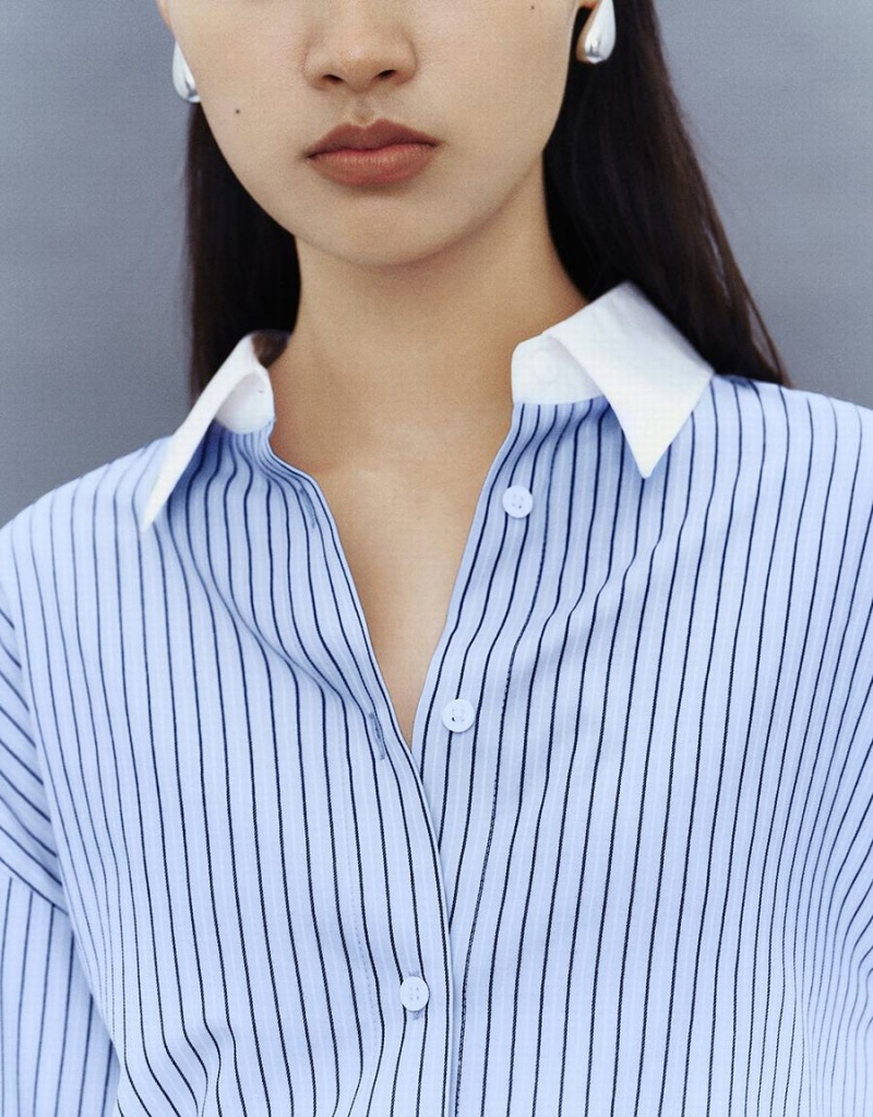 Urban Revivo Striped Button Up Lapel Women's Shirts Blue | JPA8956XJ