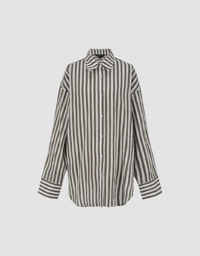 Urban Revivo Striped Button Up Straight Women's Shirts Brown | SPU1323MA