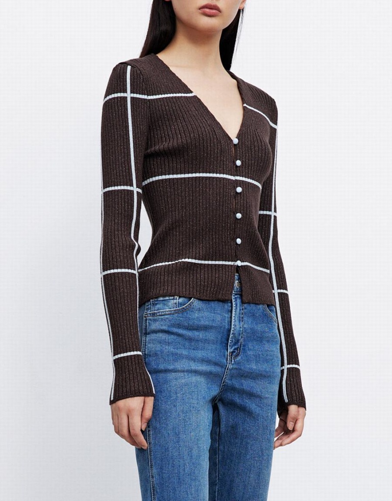 Urban Revivo Striped Button Up Women's Cardigan Khaki Brown | WVI478RL