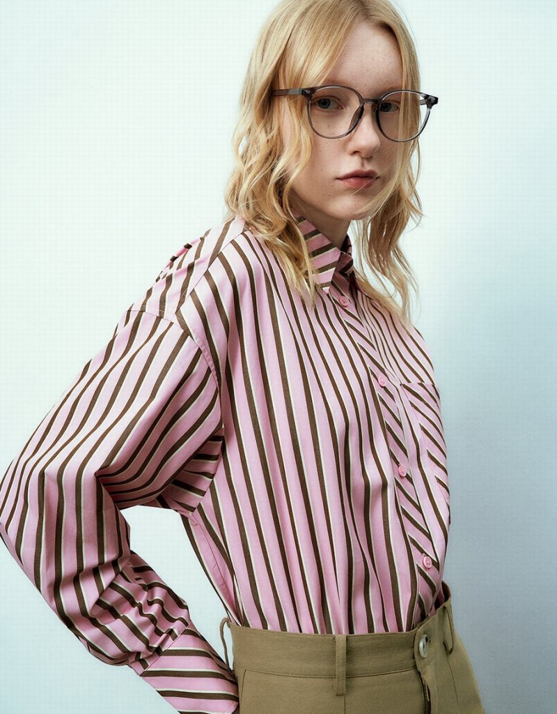 Urban Revivo Striped Button Up Women's Shirts Pink | YAT4062AR