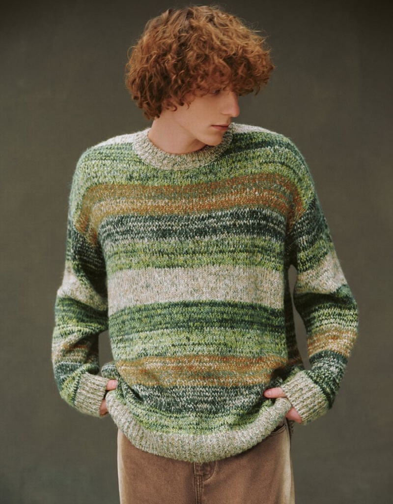 Urban Revivo Striped Crew Neck Knitted Men\'s Cardigan Green Multicolor | JRV3784UA