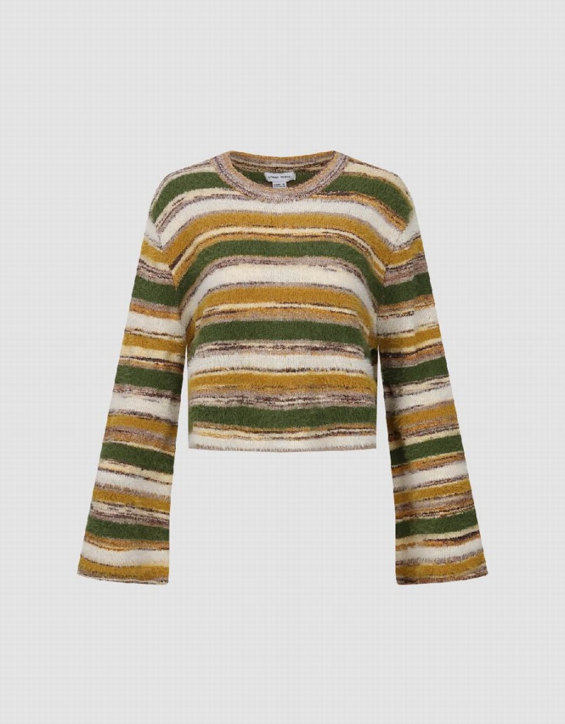 Urban Revivo Striped Crew Neck Knitted Women's Cardigan Green Multicolor | NOO6776YI