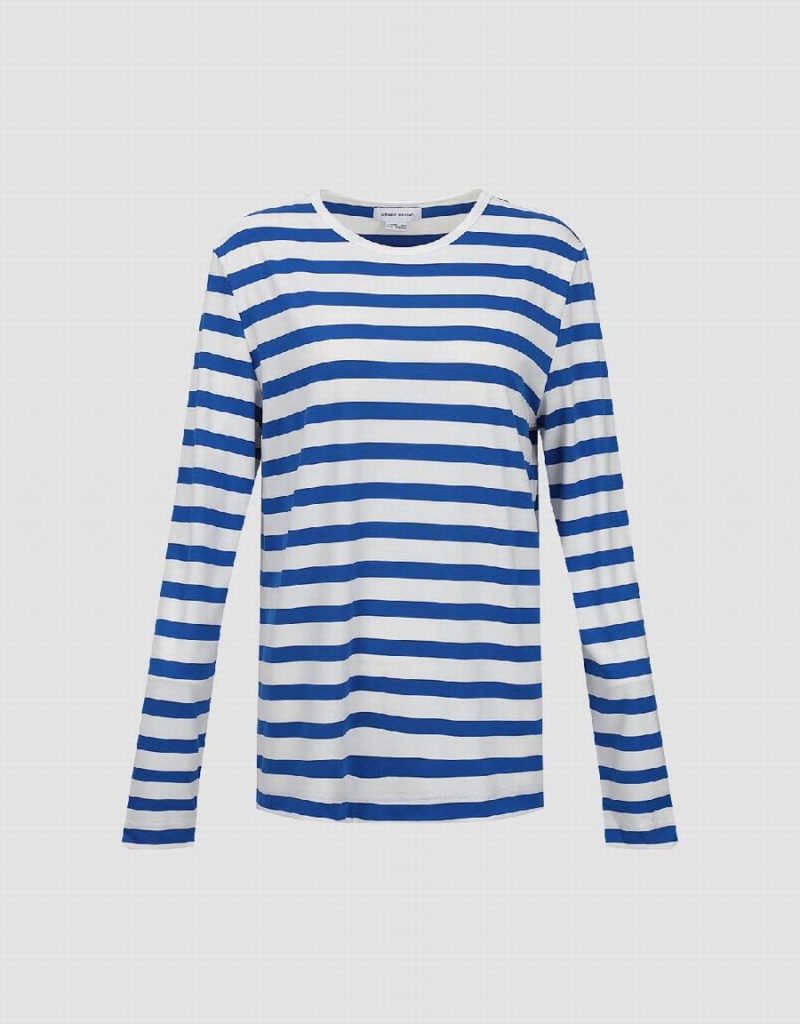 Urban Revivo Striped Crew Neck Knitted Women's T Shirts Blue | YKH3612ZI