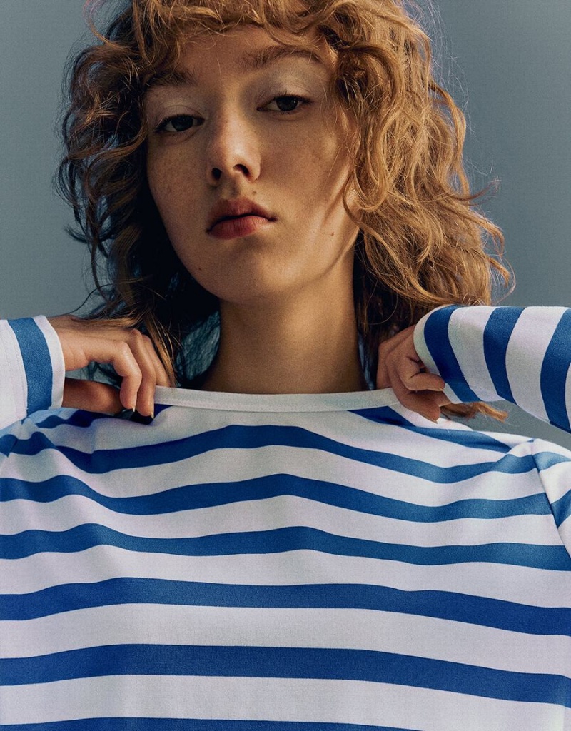 Urban Revivo Striped Crew Neck Knitted Women's T Shirts Blue | YKH3612ZI